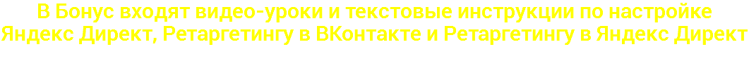 В Бонус входят видео-уроки и текстовые инструкции по настройке Яндекс Директ, Ретаргетингу в ВКонтакте и Ретаргетингу в Яндекс Директ
